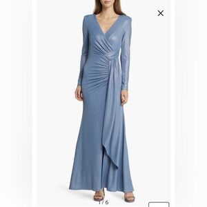 Vince Camuto Shimmery Light Blue Long-Sleeve Wrap Gown